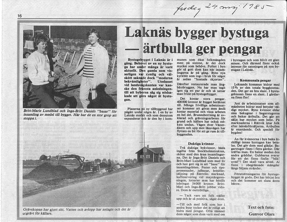 Artikel i Dala-Demokraten angende utbyggnaden av Lakns bystuga 1985.